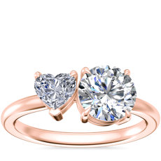 NUEVO. Anillos de compromiso de dos piedras con diamante en forma de corazón, en oro rosado de 14 k (.33 qt. total)